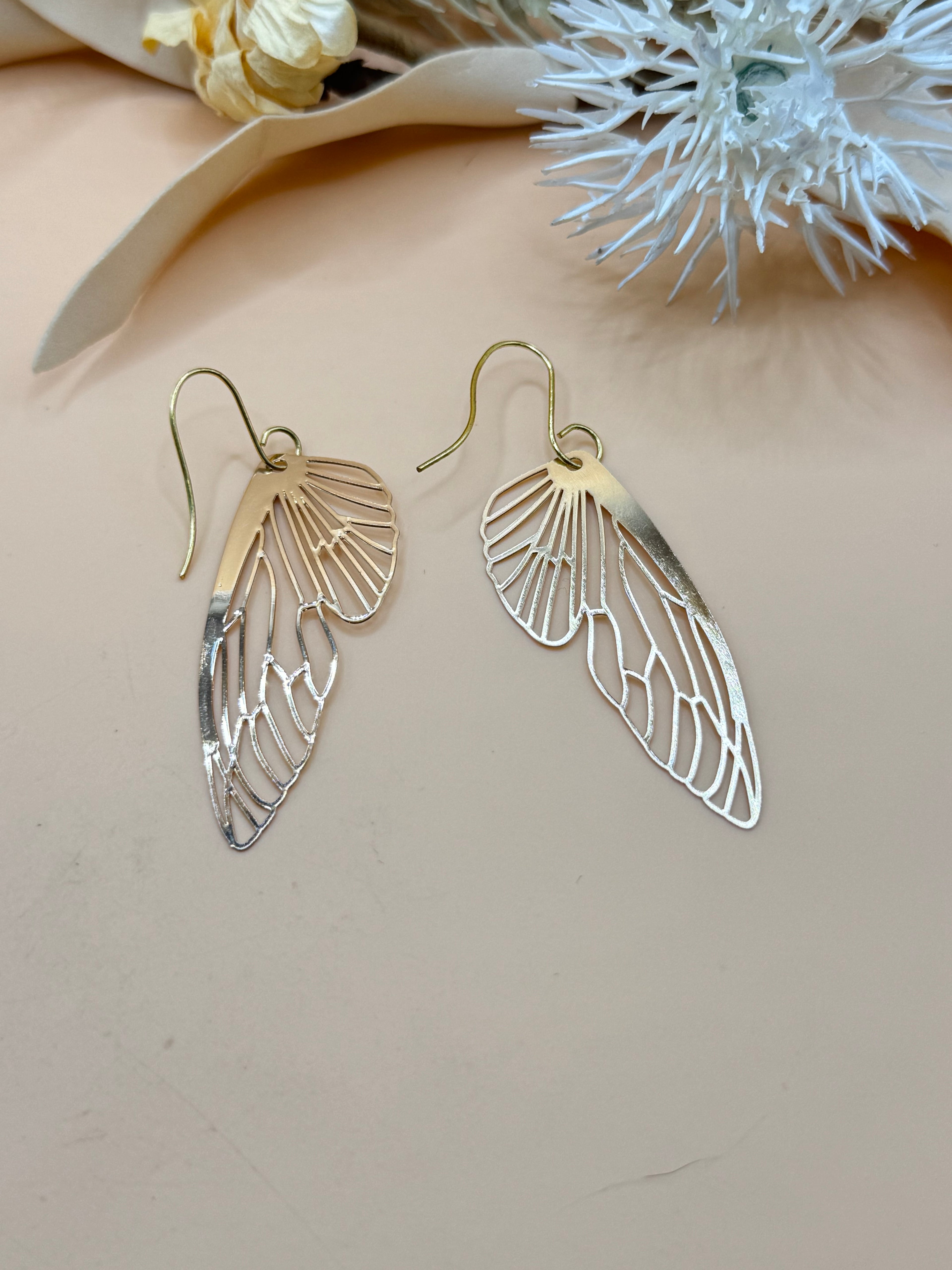 Gold Tone Butterfly Wing Filigree Dangle Hook Earrings