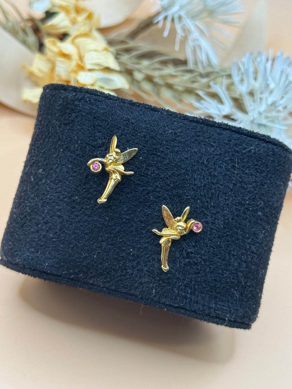 Tinker Bell Gold Tone Pink Rhinestone Pierced Earrings Disney Stamped
