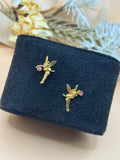 Tinker Bell Gold Tone Pink Rhinestone Pierced Earrings Disney Stamped