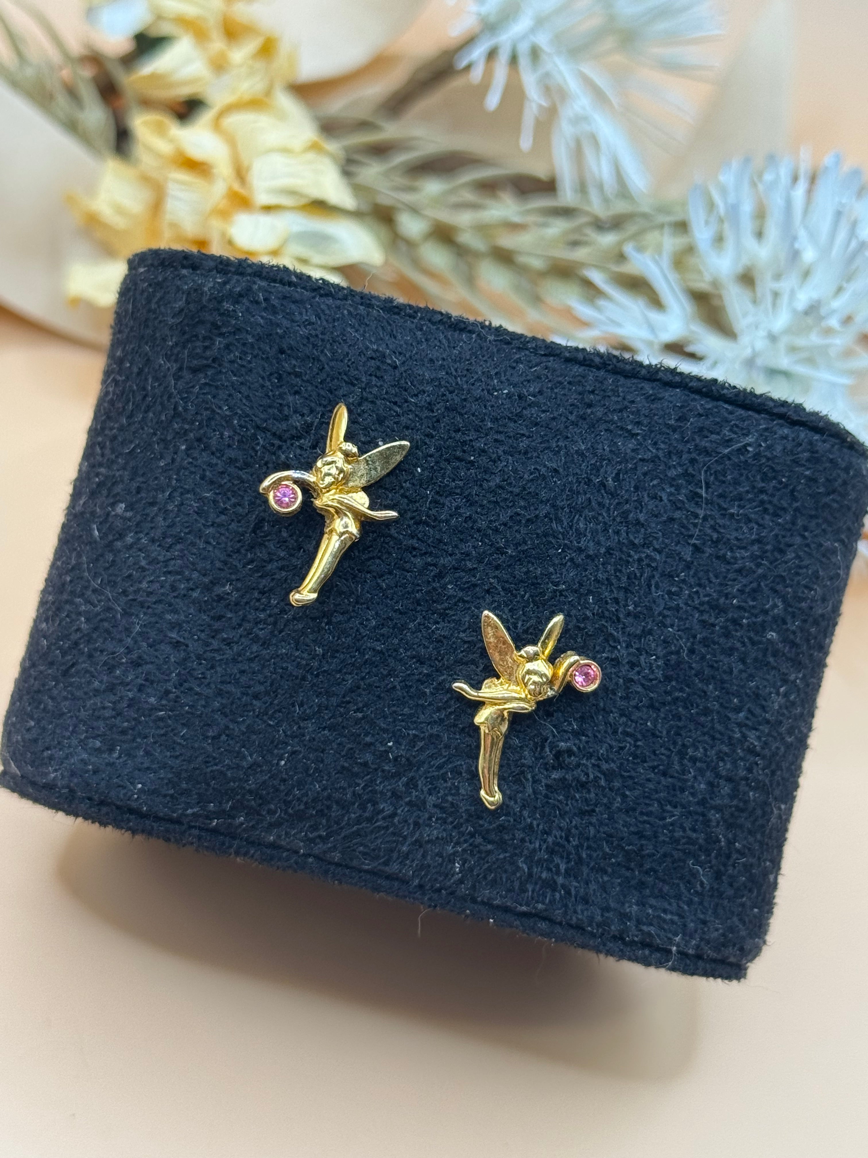 Tinker Bell Gold Tone Pink Rhinestone Pierced Earrings Disney Stamped