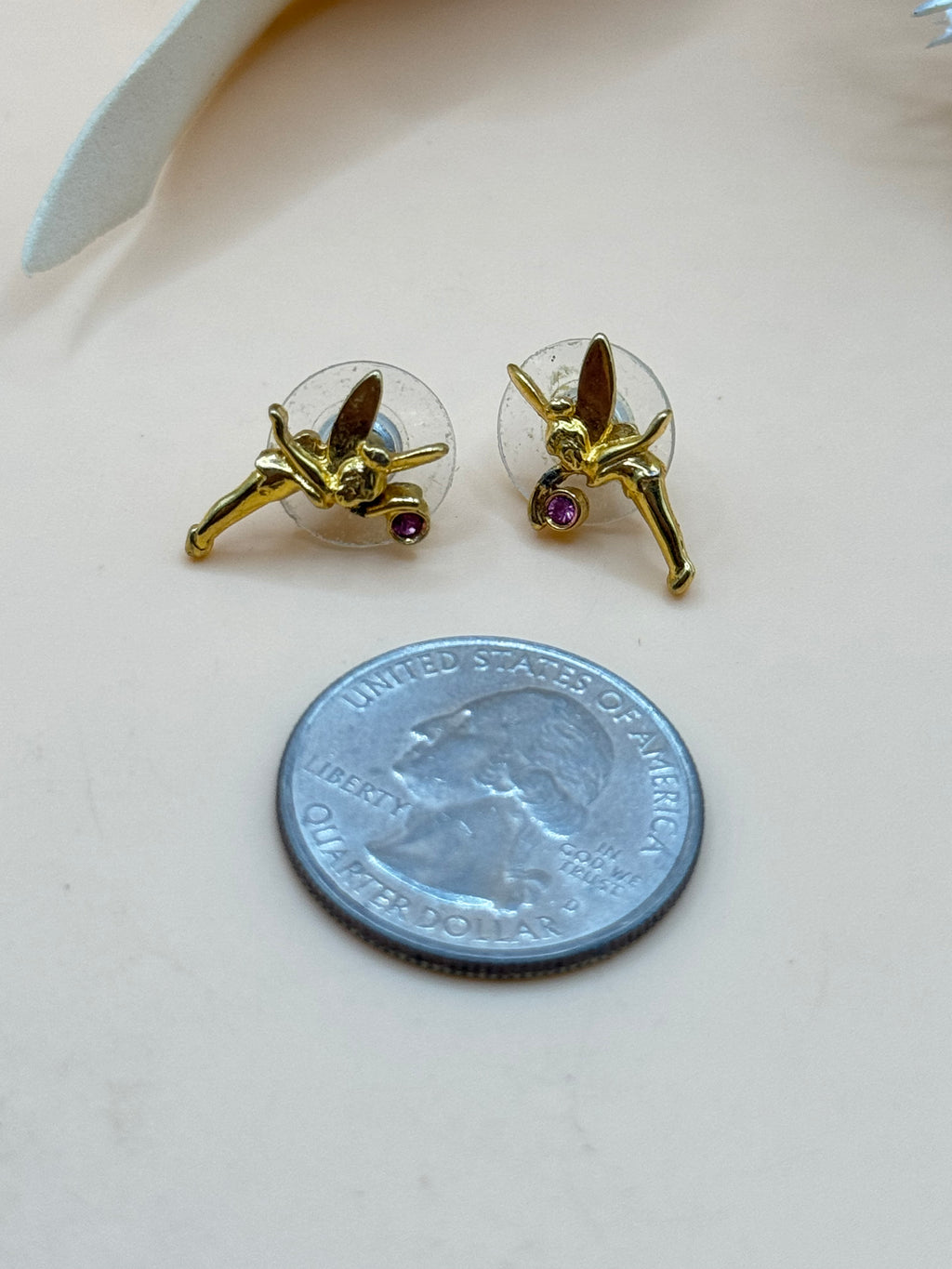 Tinker Bell Gold Tone Pink Rhinestone Pierced Earrings Disney Stamped