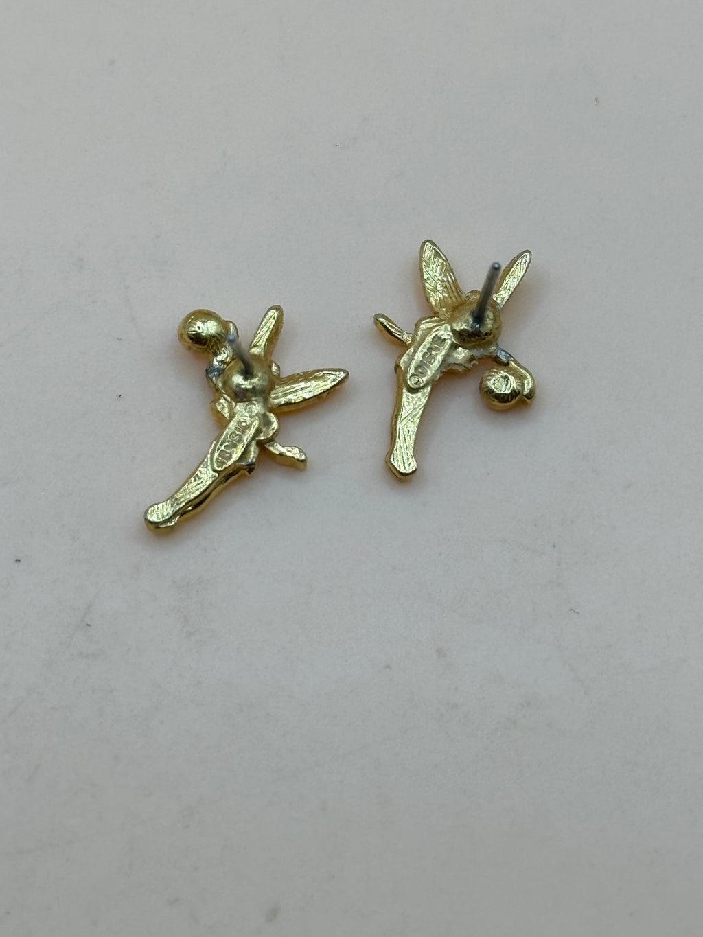 Tinker Bell Gold Tone Pink Rhinestone Pierced Earrings Disney Stamped