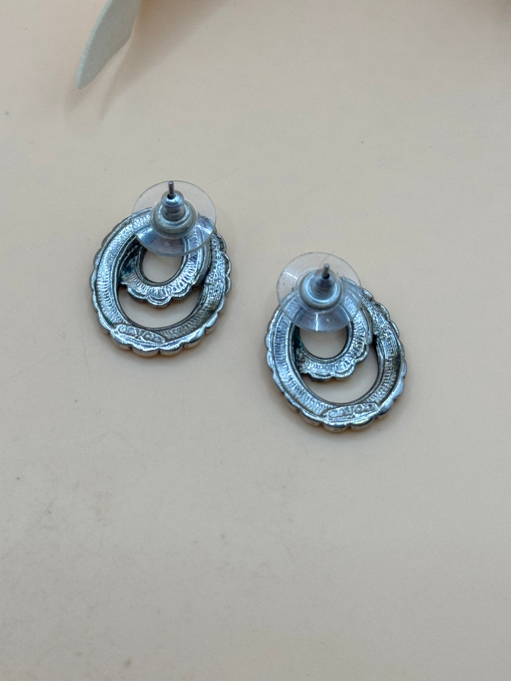 Avon Silver Tone Black Enamel Oval Scroll Pierced Earrings