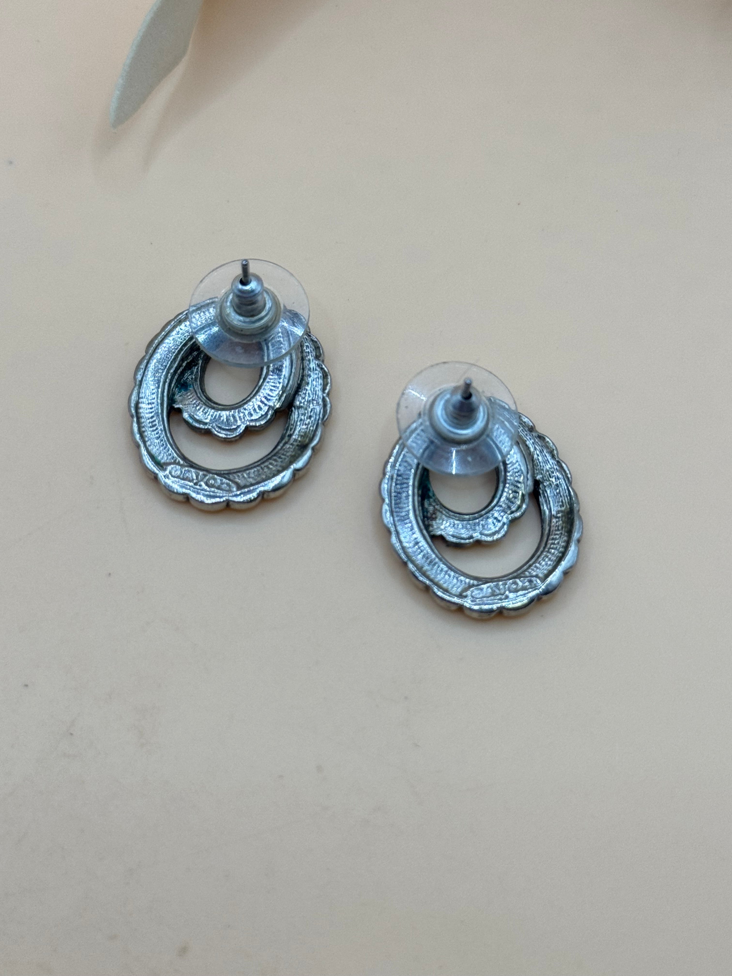 Avon Silver Tone Black Enamel Oval Scroll Pierced Earrings