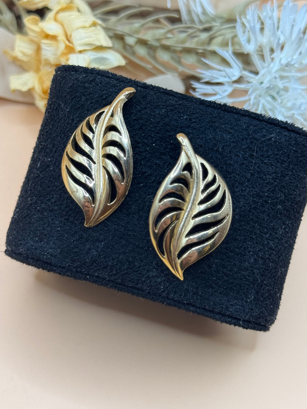 Gold Tone Openwork Leaf Pierced Statement Earrings