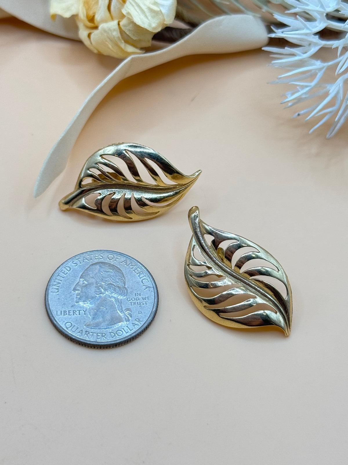 Gold Tone Openwork Leaf Pierced Statement Earrings