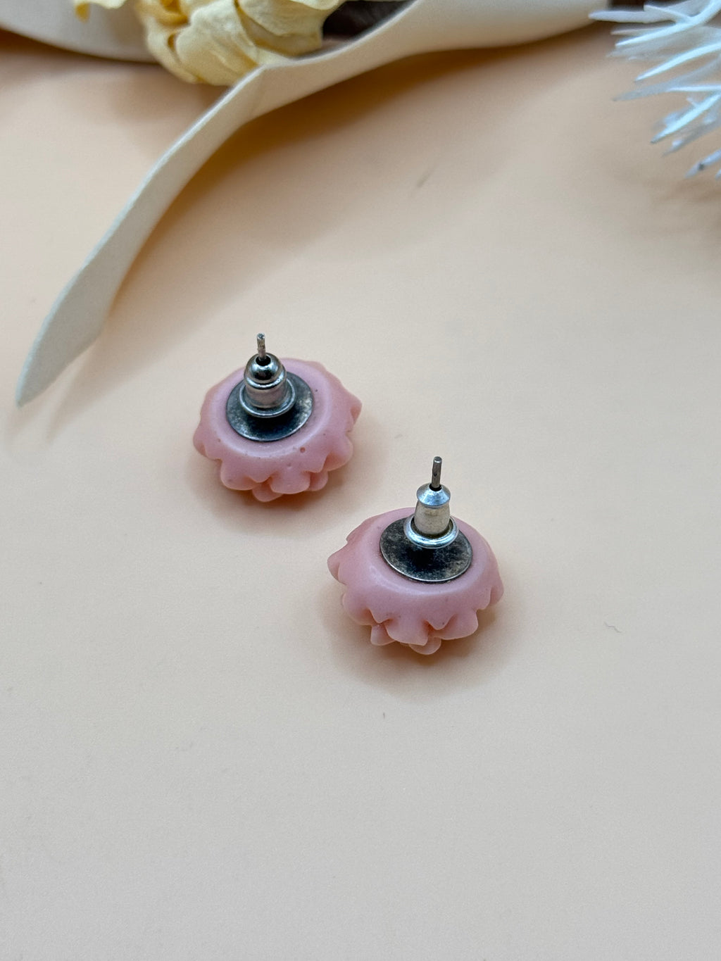 Vintage Pink Layered Flower Pierced Stud Earrings