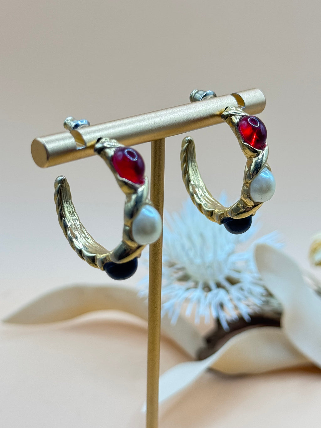 Gold Tone Red White & Black Beaded Hoop Pierced Earrings