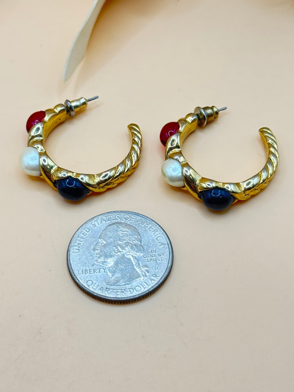 Gold Tone Red White & Black Beaded Hoop Pierced Earrings