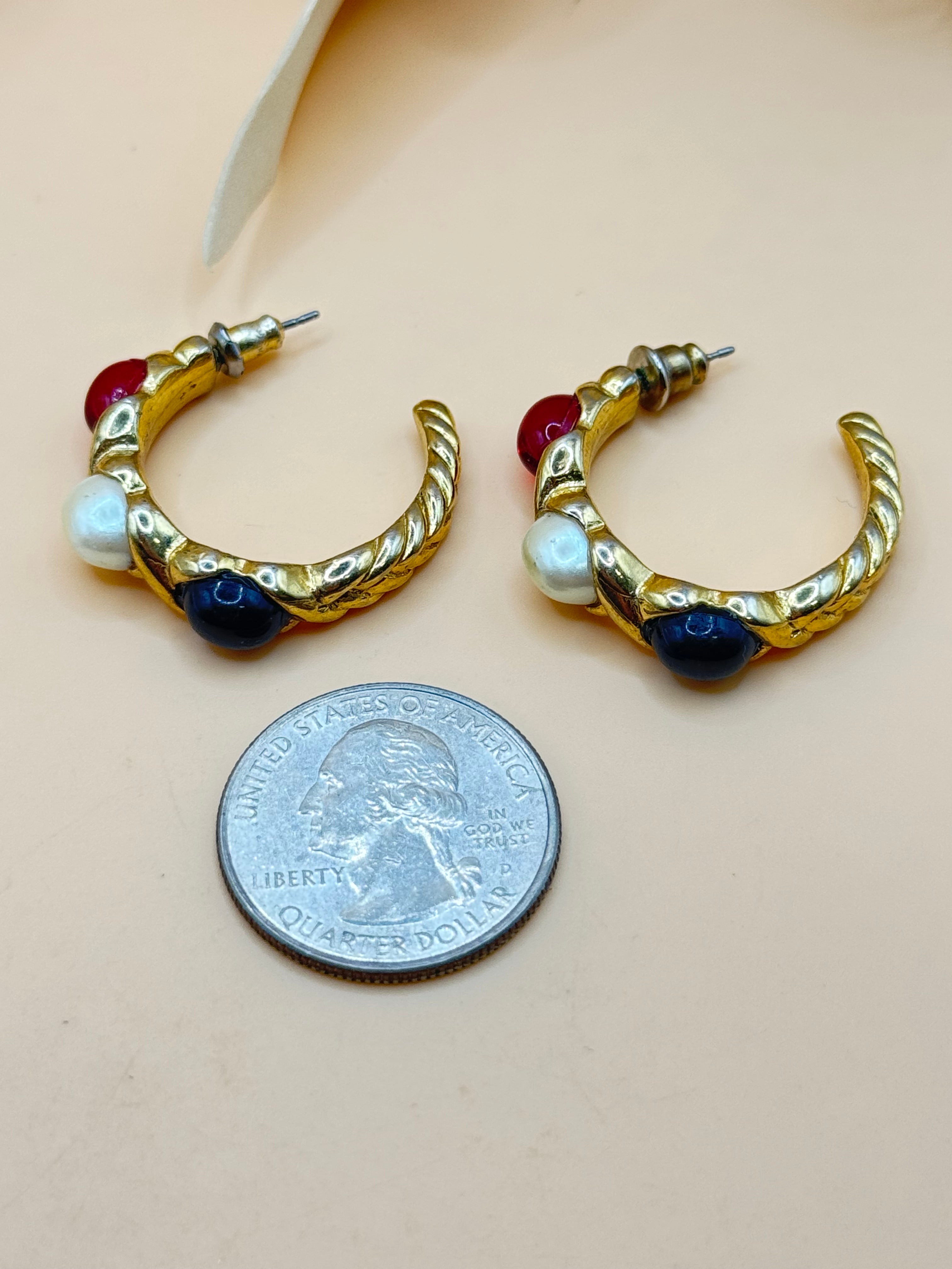 Gold Tone Red White & Black Beaded Hoop Pierced Earrings