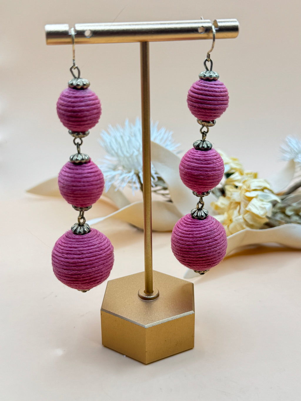 Pink Thread Wrapped Triple Ball Dangle Pierced Earrings Statement