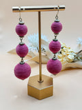 Pink Thread Wrapped Triple Ball Dangle Pierced Earrings Statement
