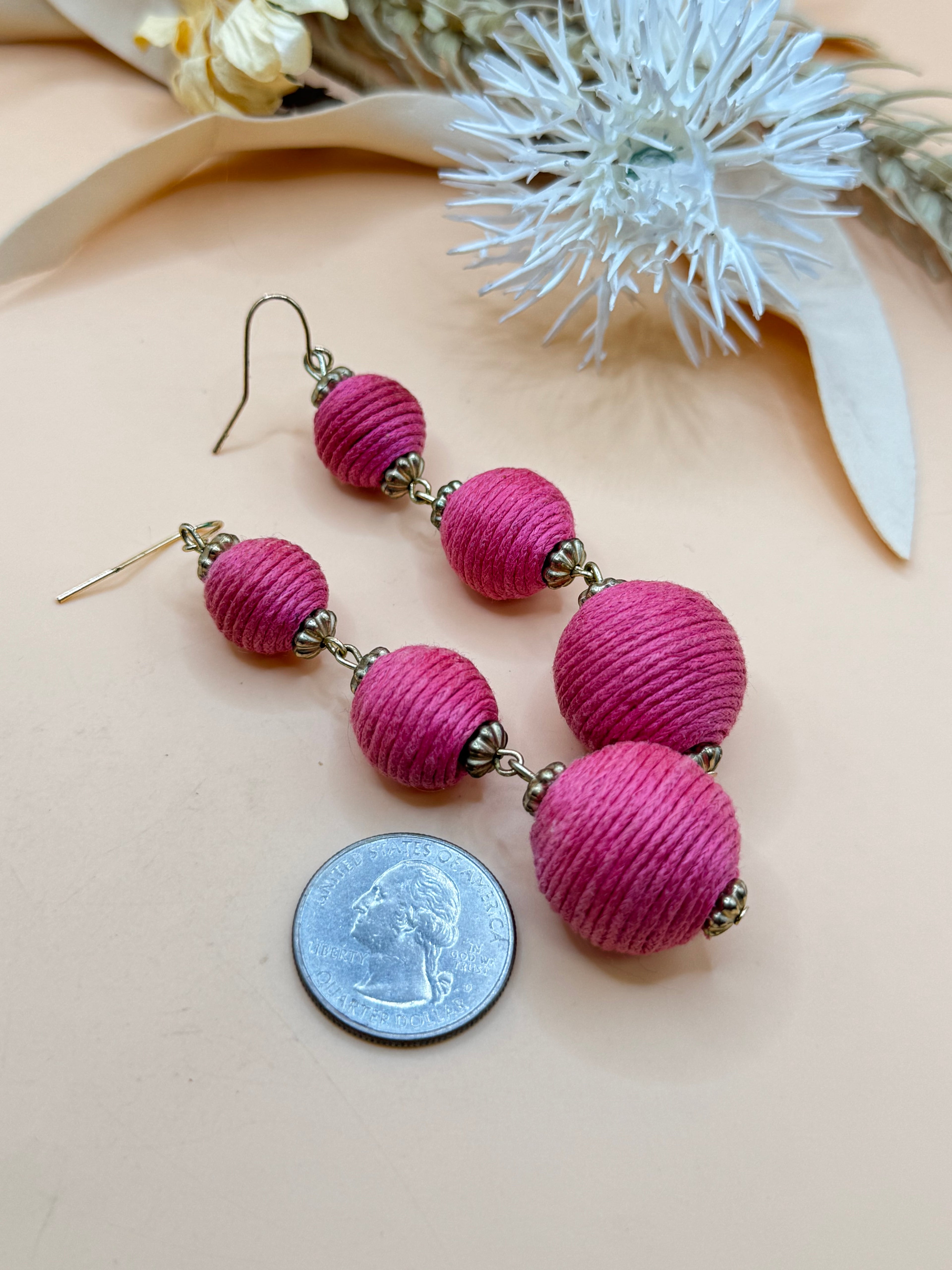 Pink Thread Wrapped Triple Ball Dangle Pierced Earrings Statement