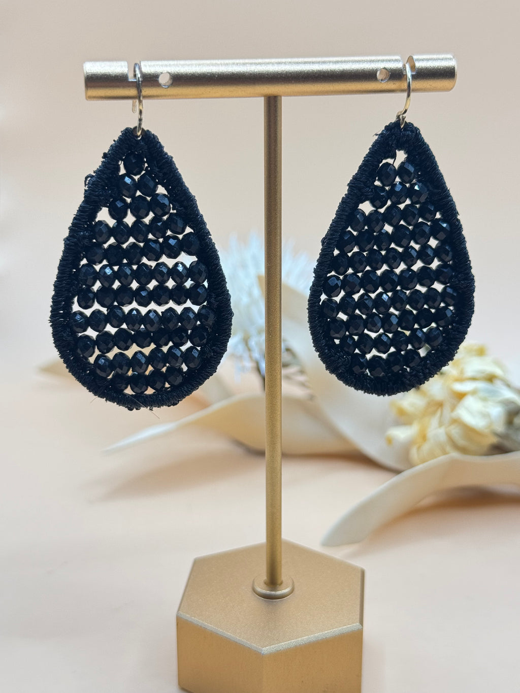 Black Beaded Teardrop Dangle Earrings Gold Tone Fishhook Statement