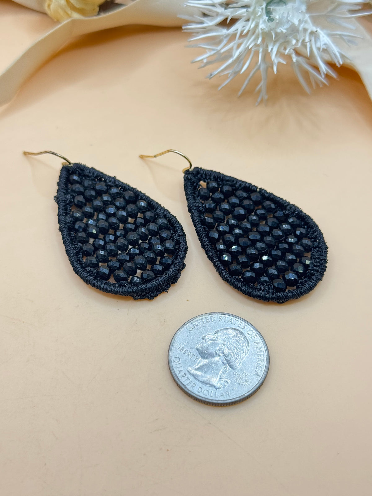 Black Beaded Teardrop Dangle Earrings Gold Tone Fishhook Statement