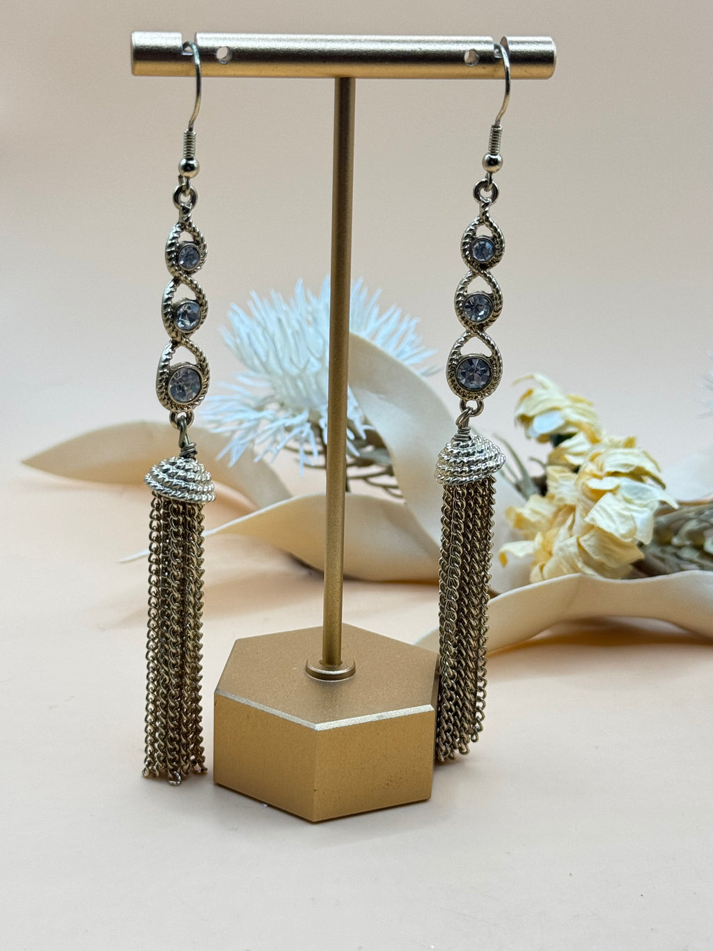 Gold Tone Rhinestone Chain Tassel Long Dangle Earrings Statement