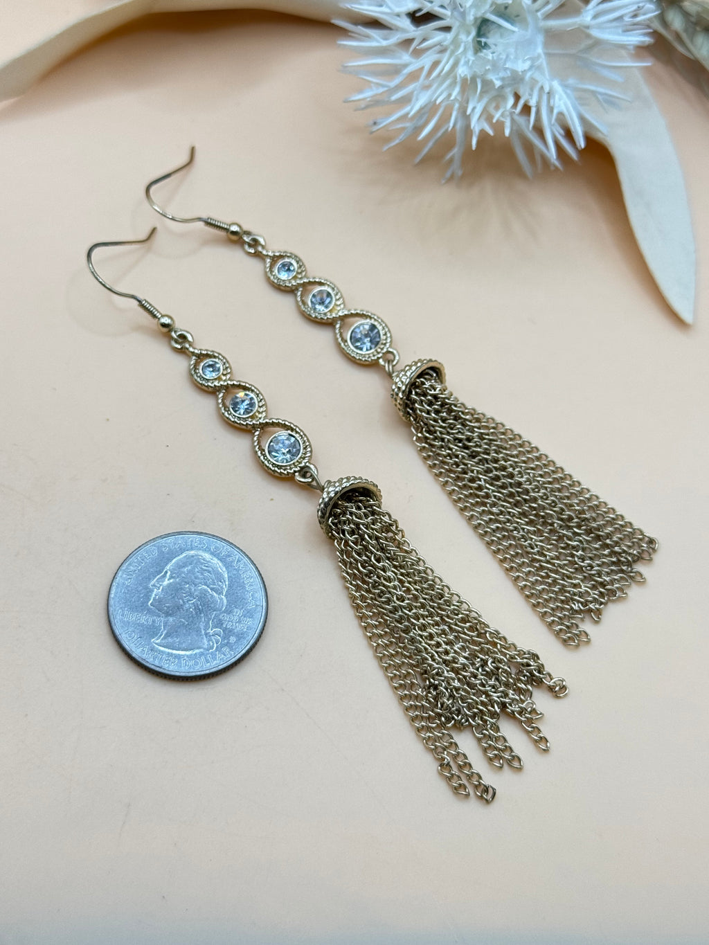 Gold Tone Rhinestone Chain Tassel Long Dangle Earrings Statement