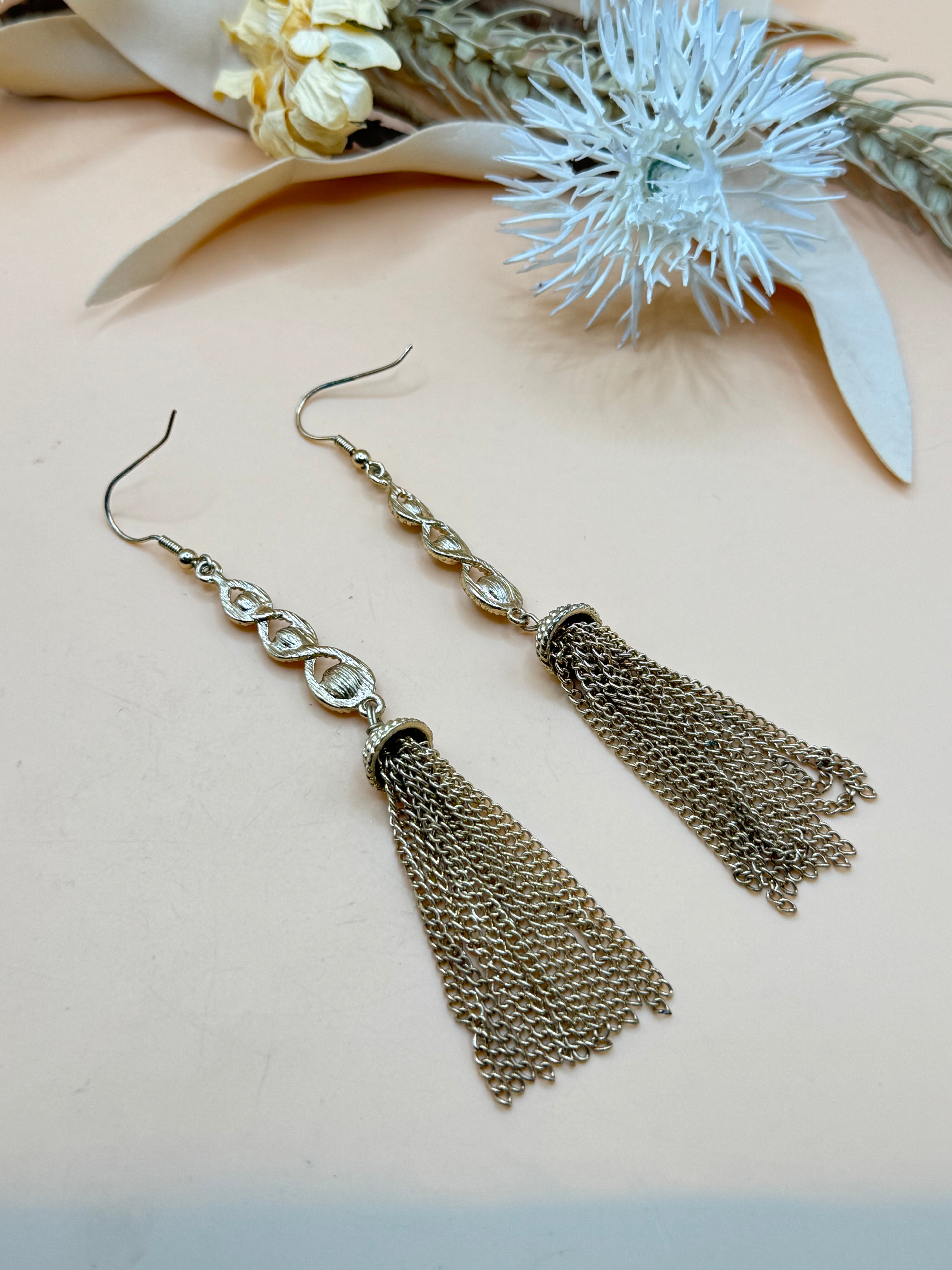 Gold Tone Rhinestone Chain Tassel Long Dangle Earrings Statement