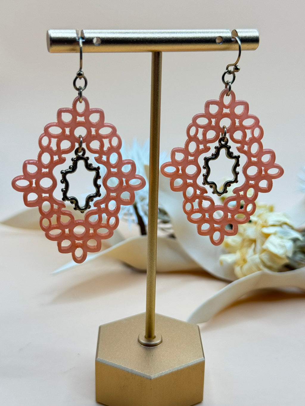 Pink Openwork Geometric Dangle Earrings with Gold Tone Accents