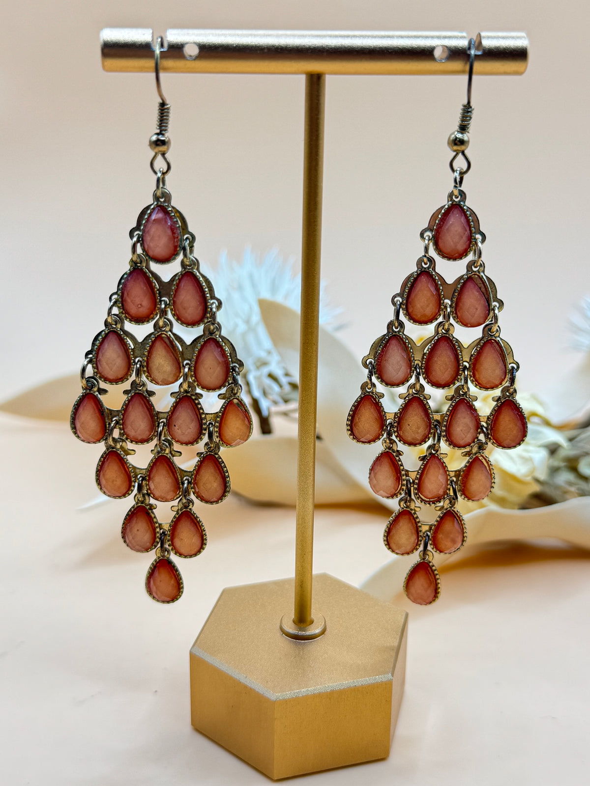 Vintage Coral Pink Teardrop Chandelier Dangle Earrings Gold Tone