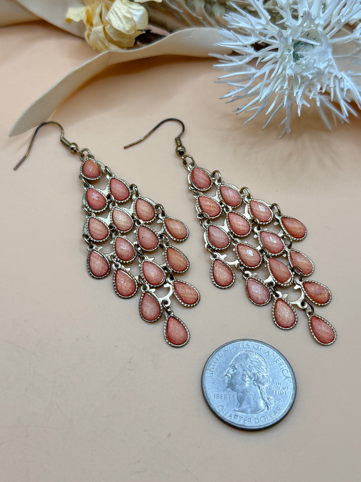 Vintage Coral Pink Teardrop Chandelier Dangle Earrings Gold Tone