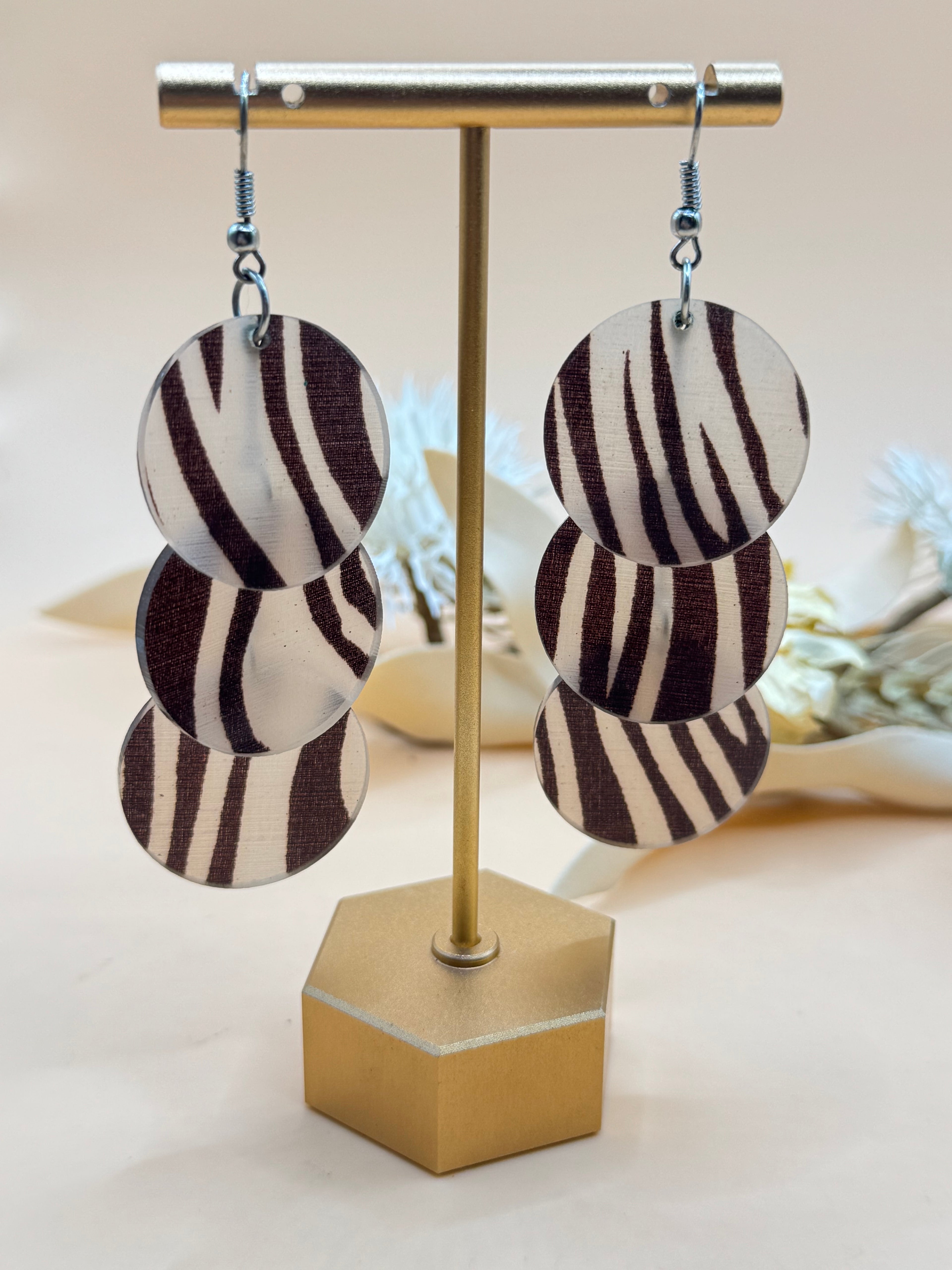 Zebra Print Triple Disc Dangle Earrings Silver Tone