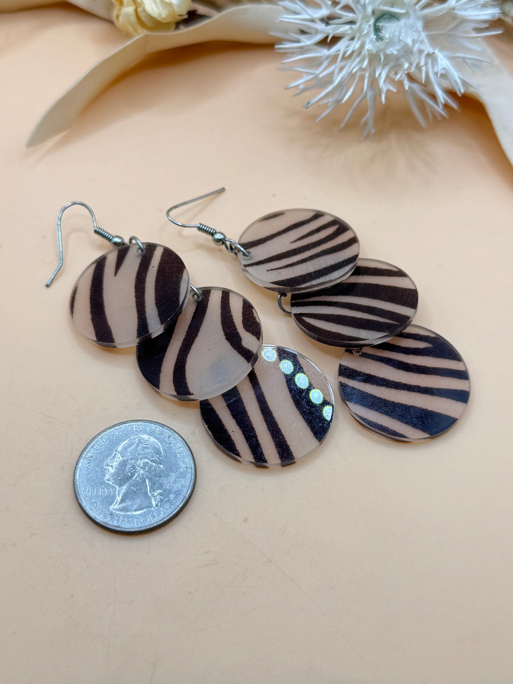 Zebra Print Triple Disc Dangle Earrings Silver Tone
