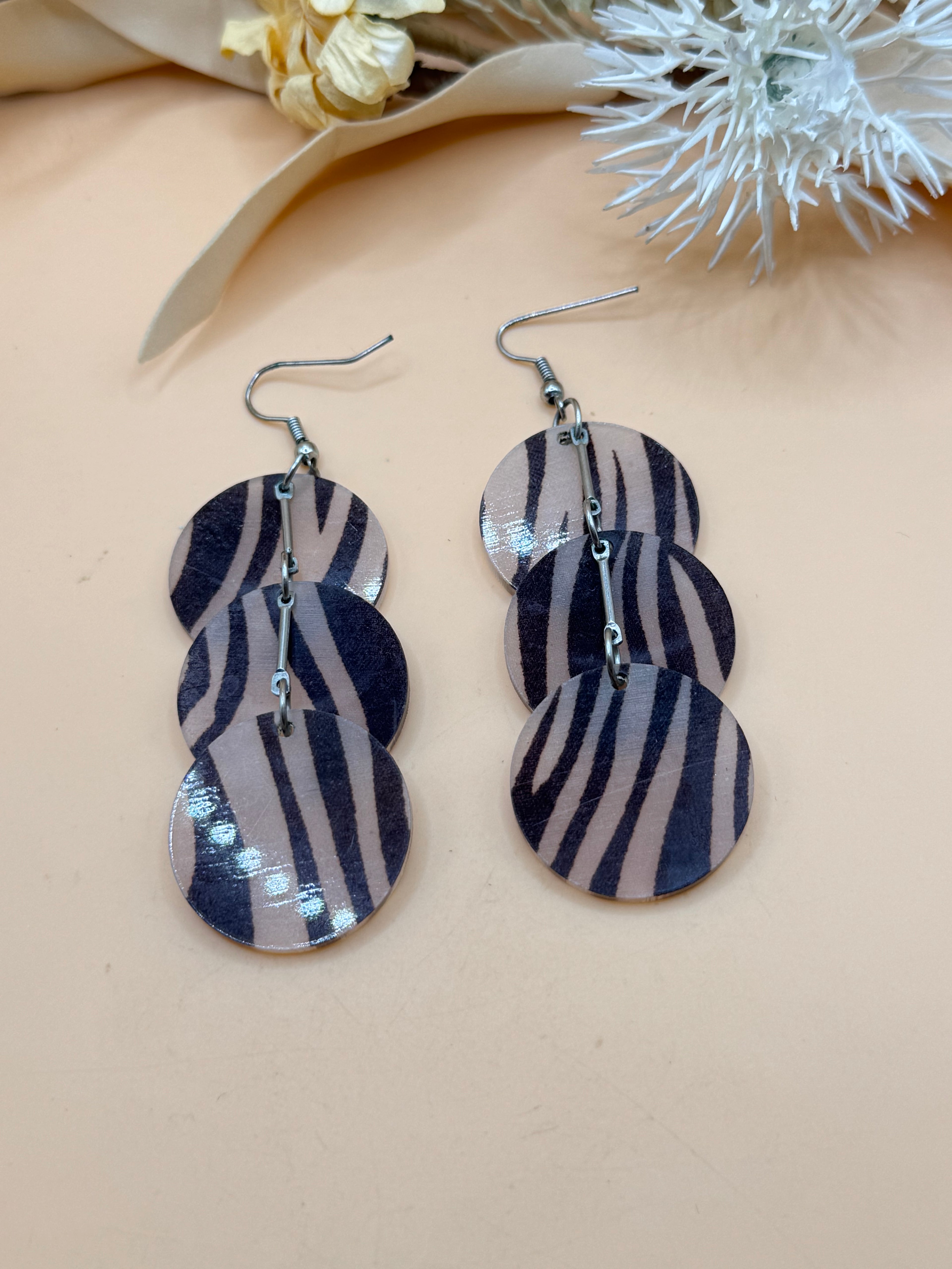 Zebra Print Triple Disc Dangle Earrings Silver Tone