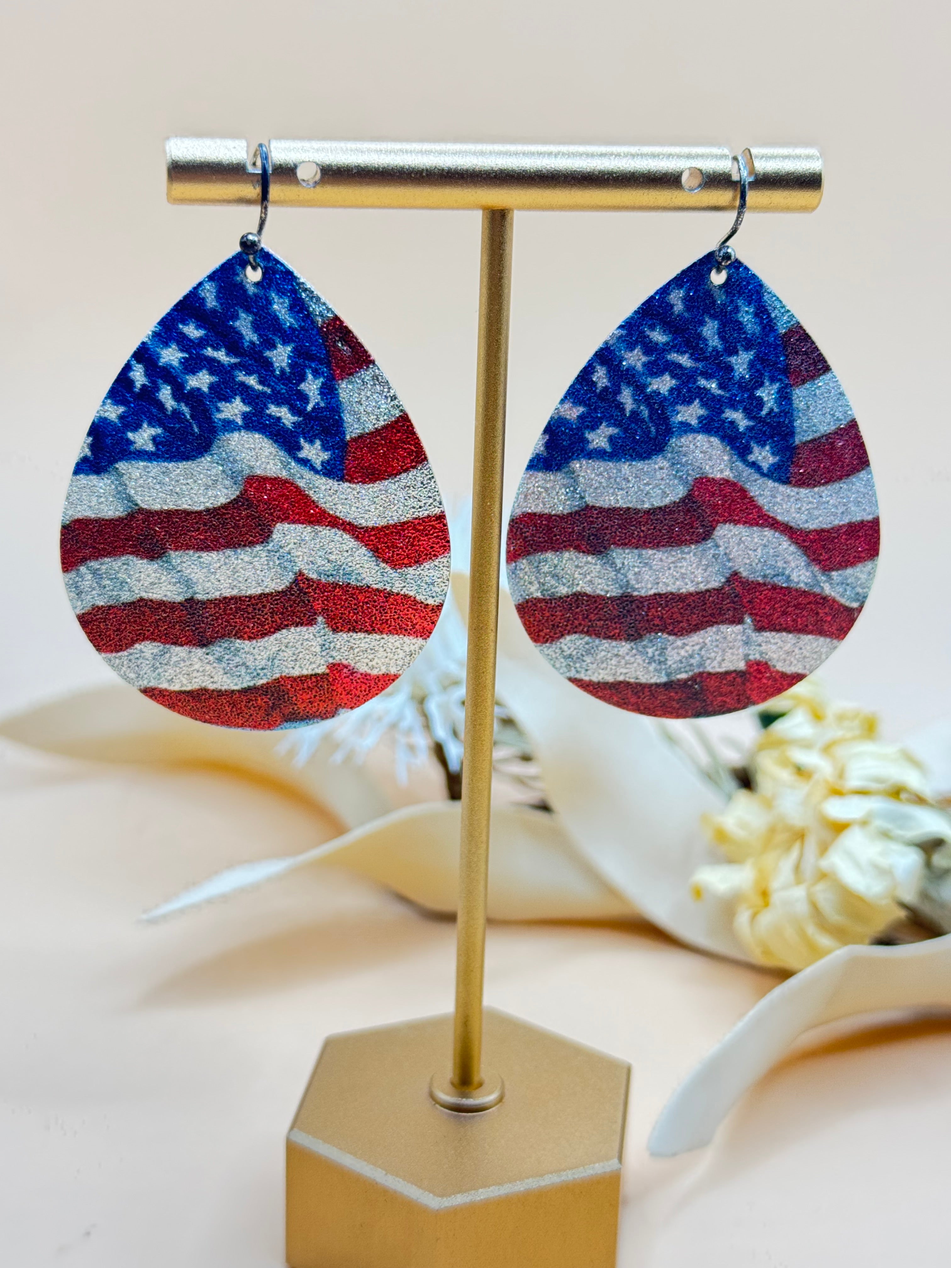 American Flag Patriotic Teardrop Dangle Earrings Red White Blue