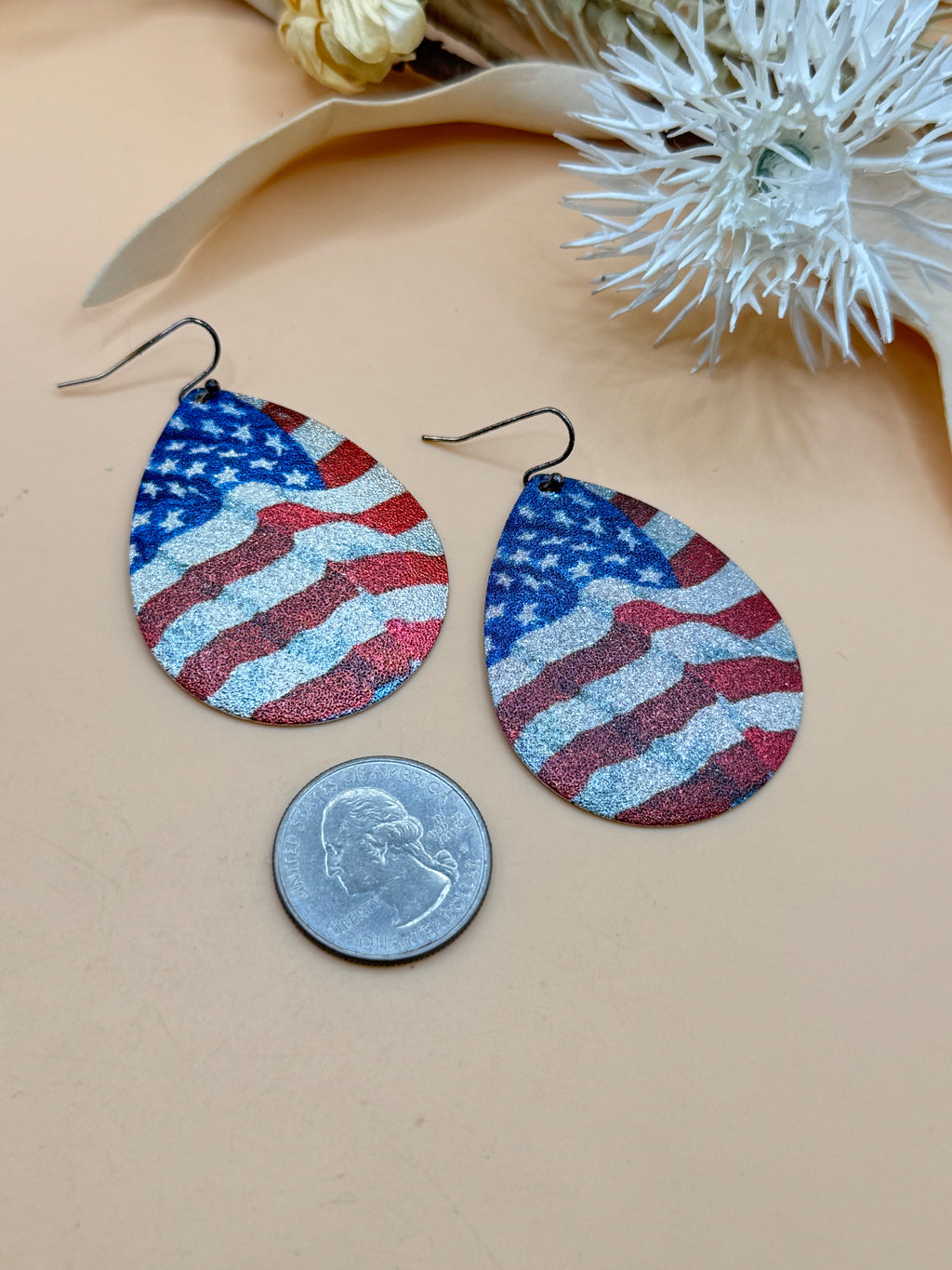 American Flag Patriotic Teardrop Dangle Earrings Red White Blue