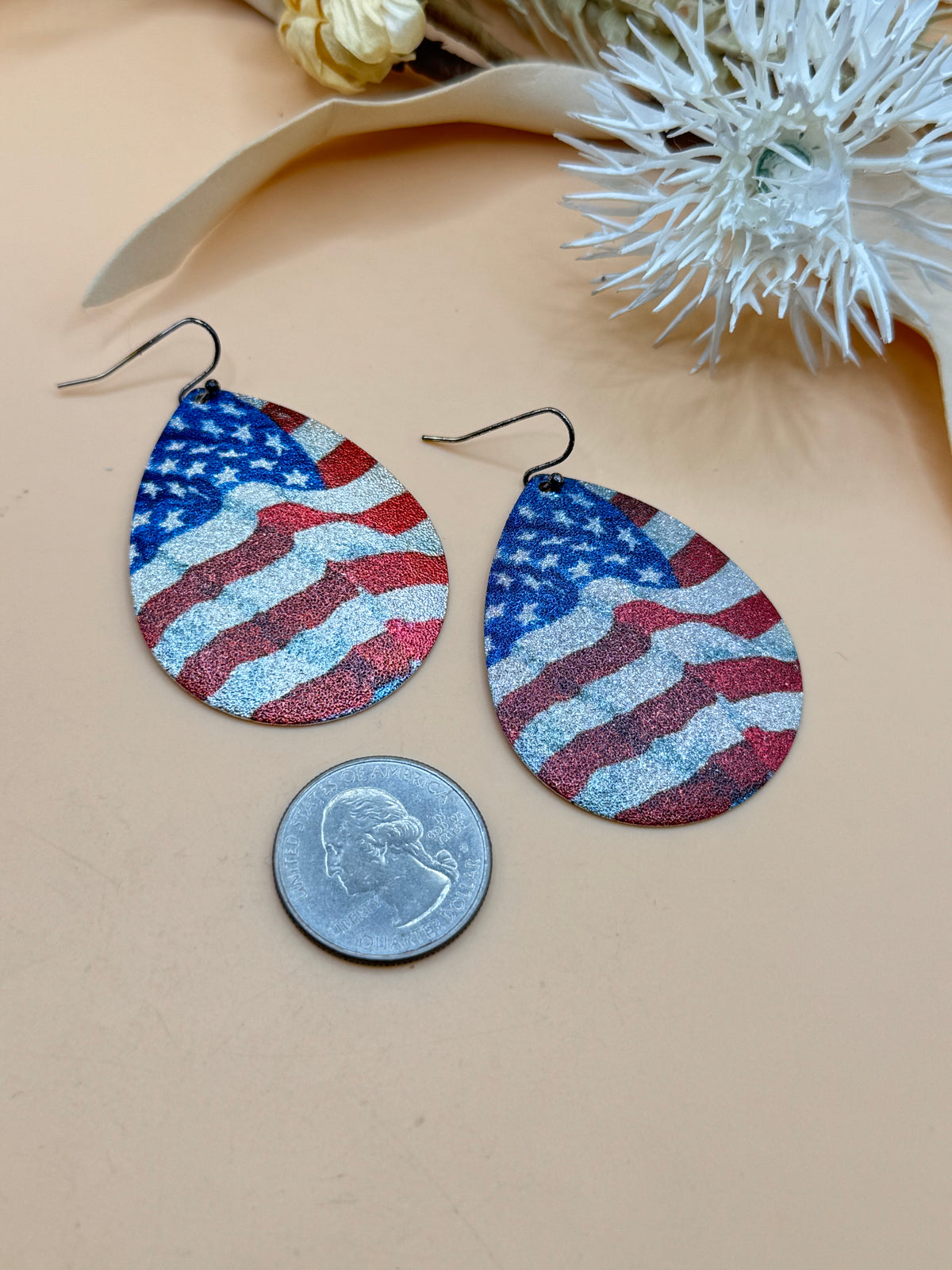 American Flag Patriotic Teardrop Dangle Earrings Red White Blue