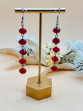 Red Faceted Bead Long Dangle Earrings Silver Tone Statement Jewelry