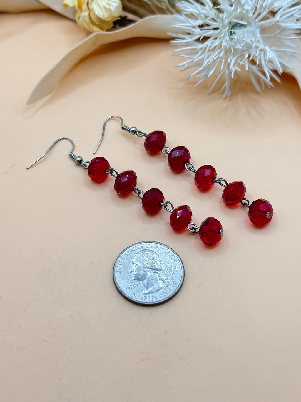 Red Faceted Bead Long Dangle Earrings Silver Tone Statement Jewelry