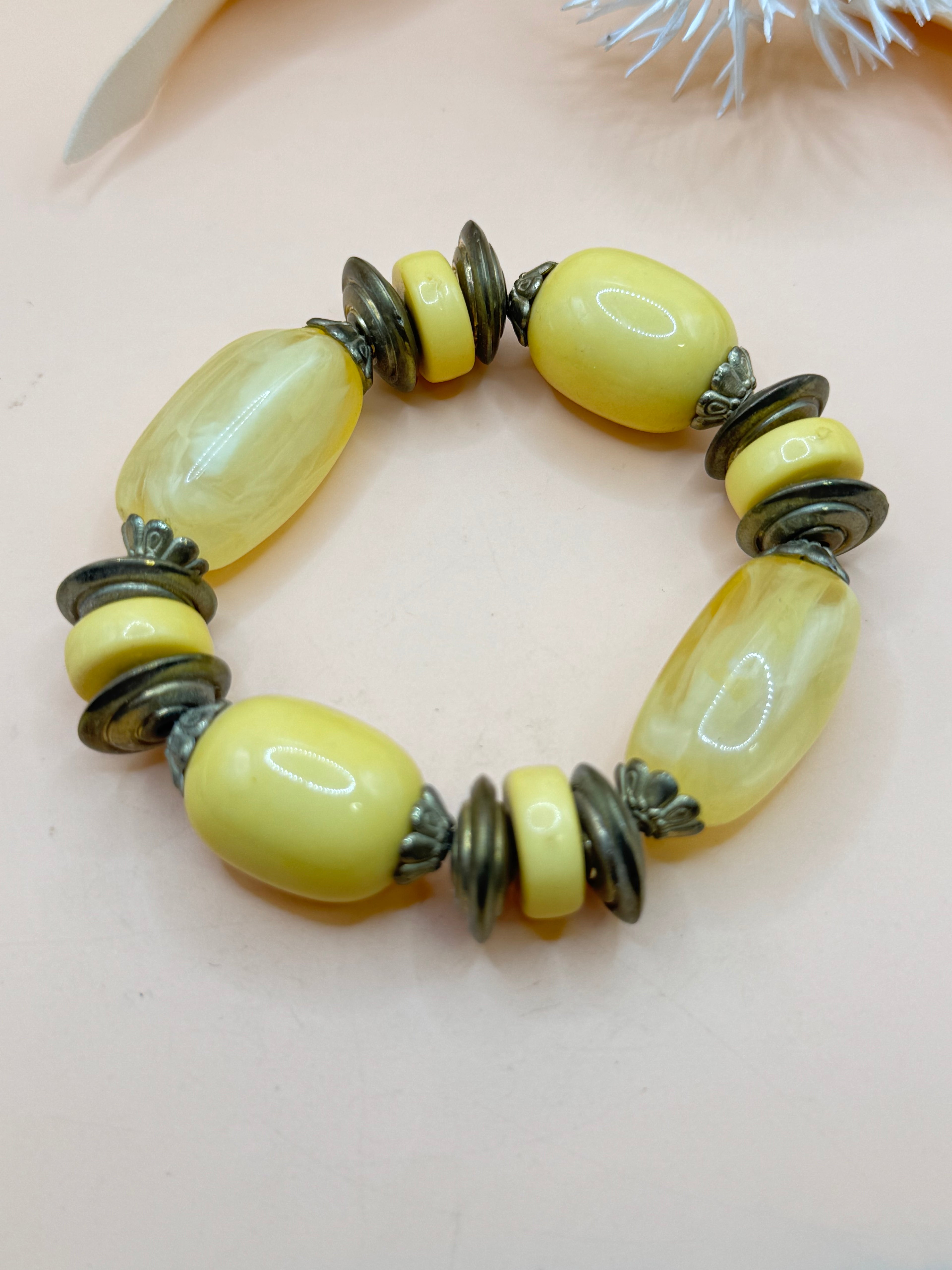 Vintage Yellow Chunky Beaded Stretch Bracelet Antique Gold Tone Statement