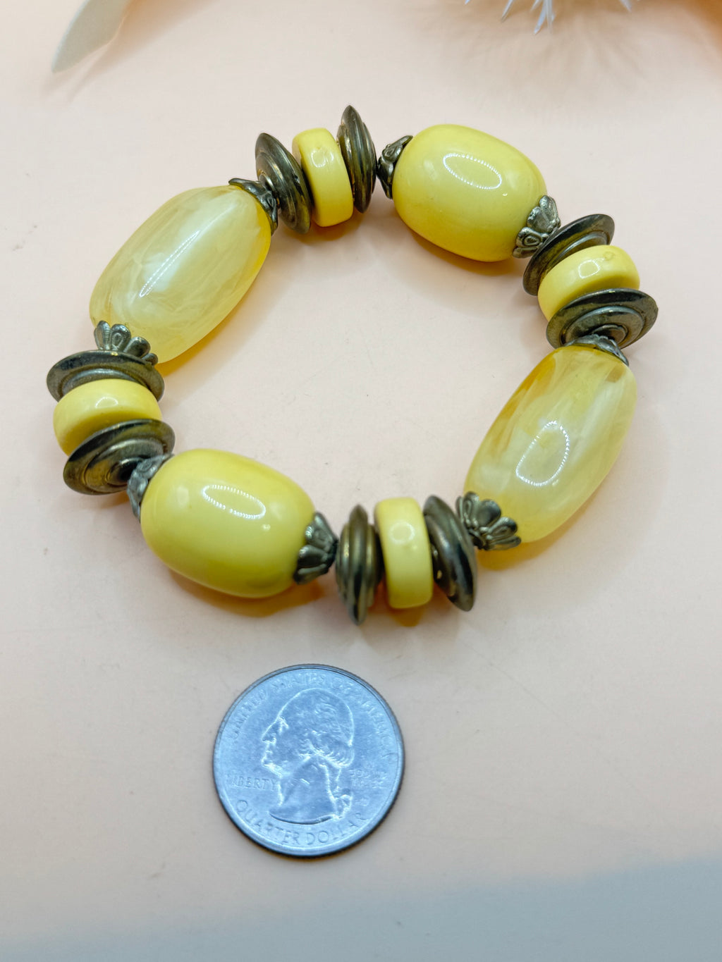 Vintage Yellow Chunky Beaded Stretch Bracelet Antique Gold Tone Statement
