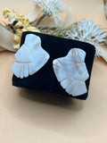 White Mother of Pearl Carved Leaf Statement Pierced Earrings