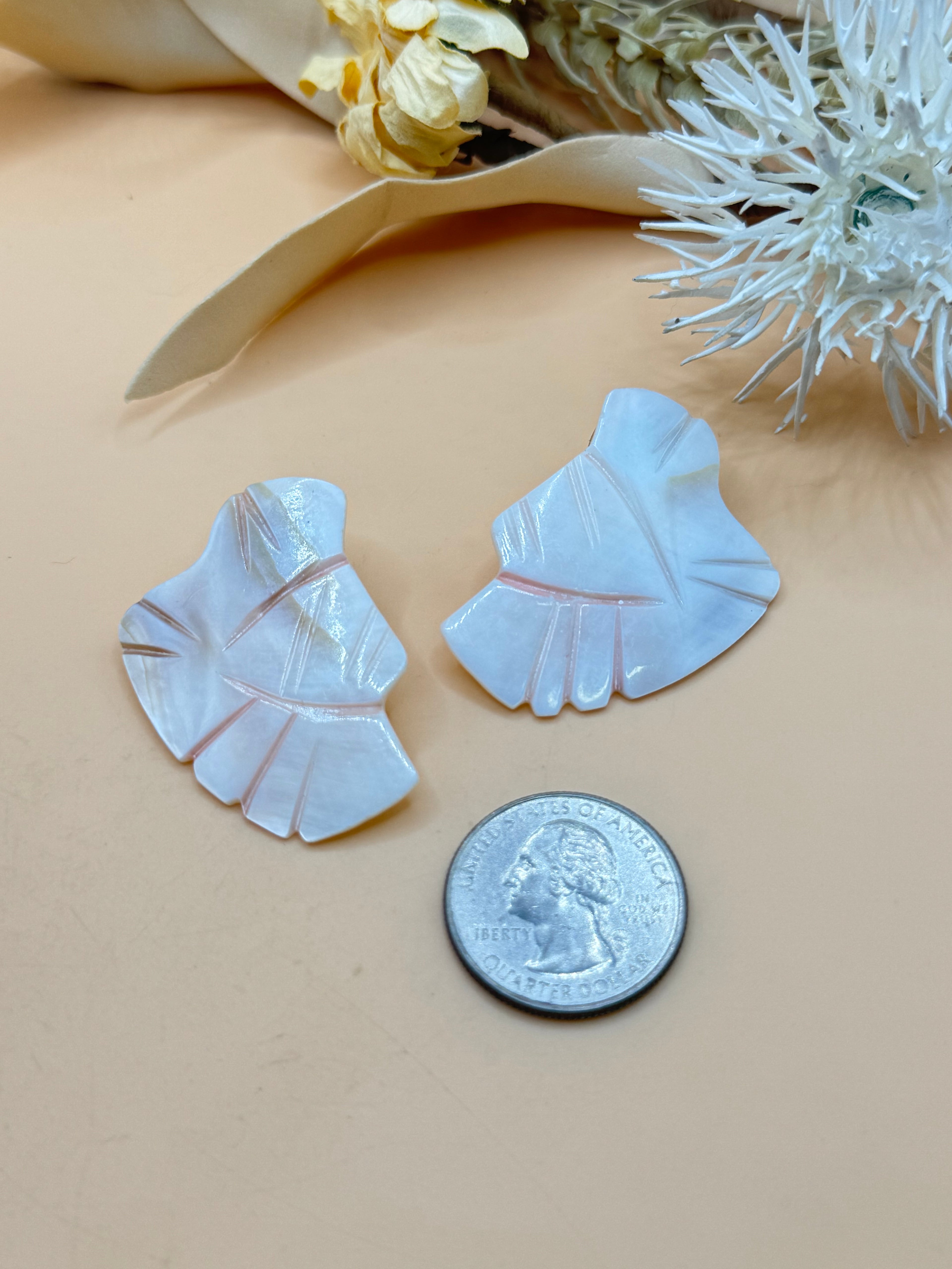 White Mother of Pearl Carved Leaf Statement Pierced Earrings