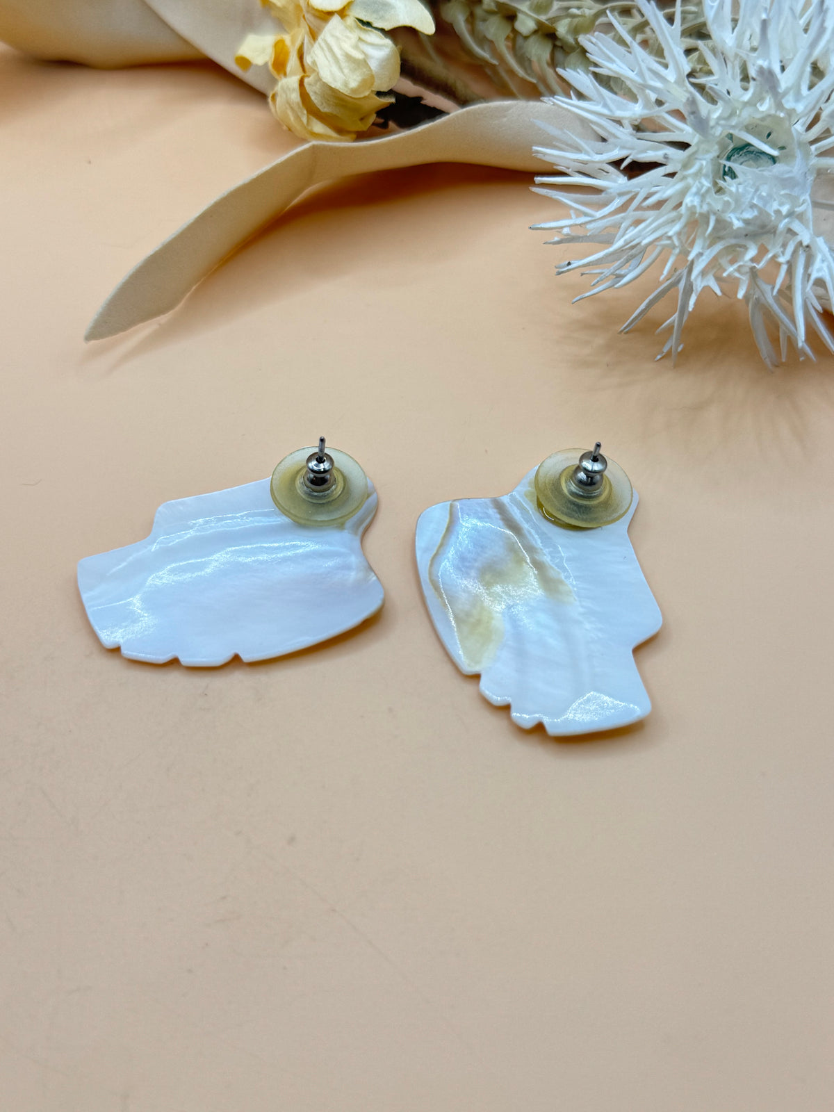 White Mother of Pearl Carved Leaf Statement Pierced Earrings