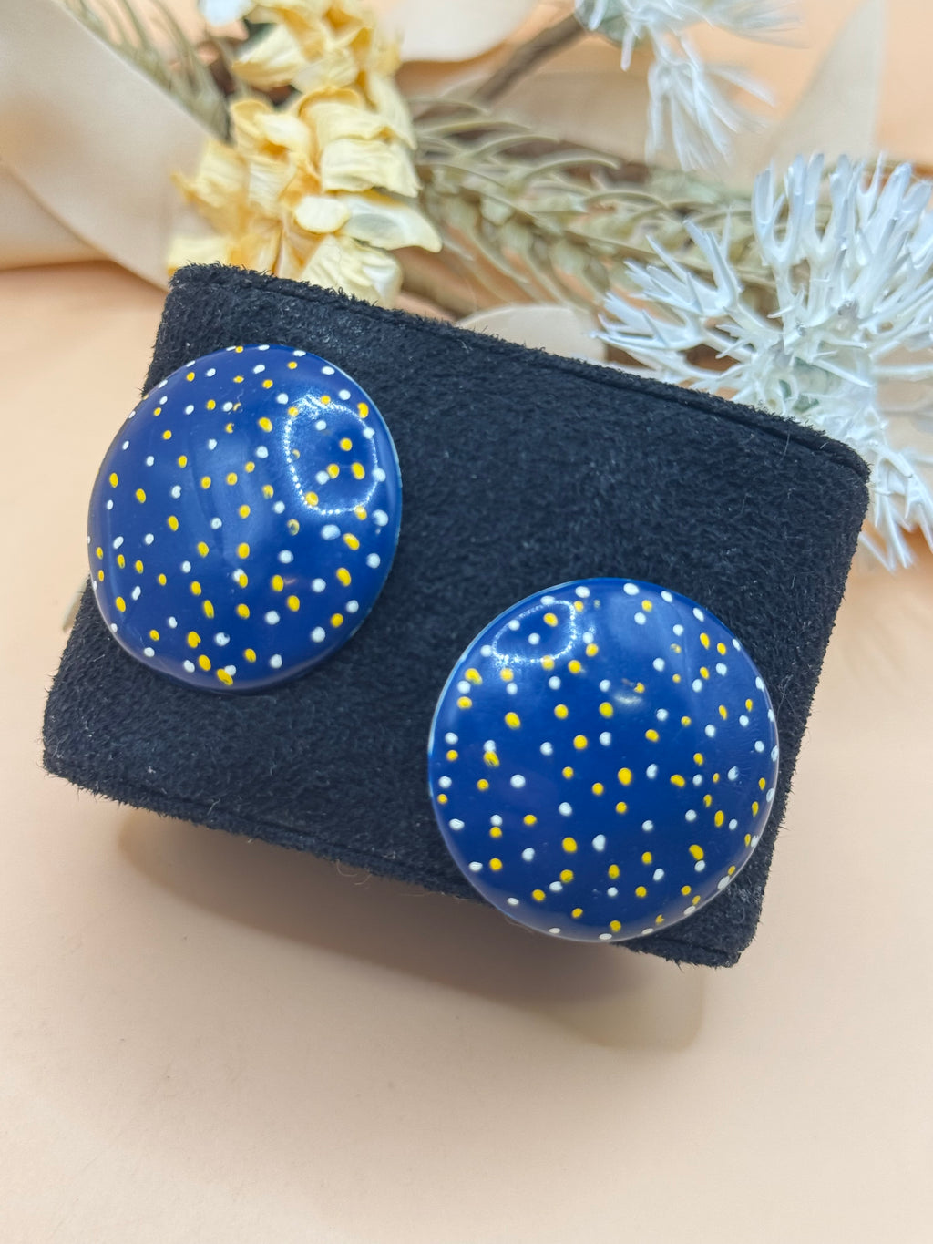 Vintage Blue Polka Dot Round Statement Pierced Earrings