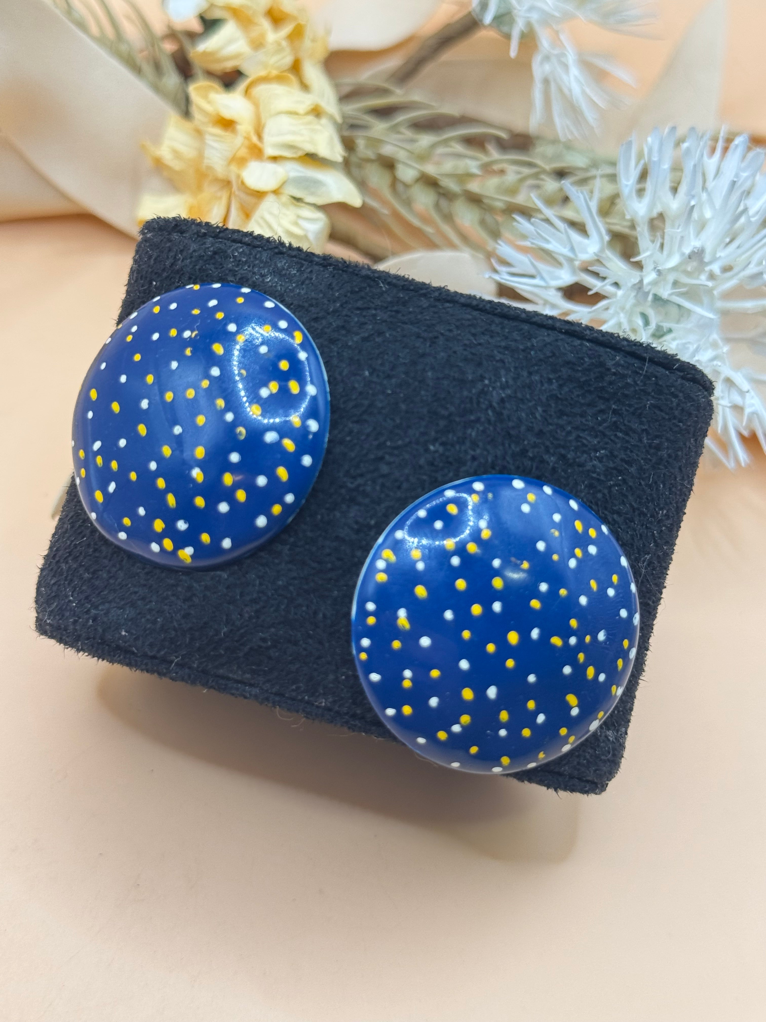 Vintage Blue Polka Dot Round Statement Pierced Earrings