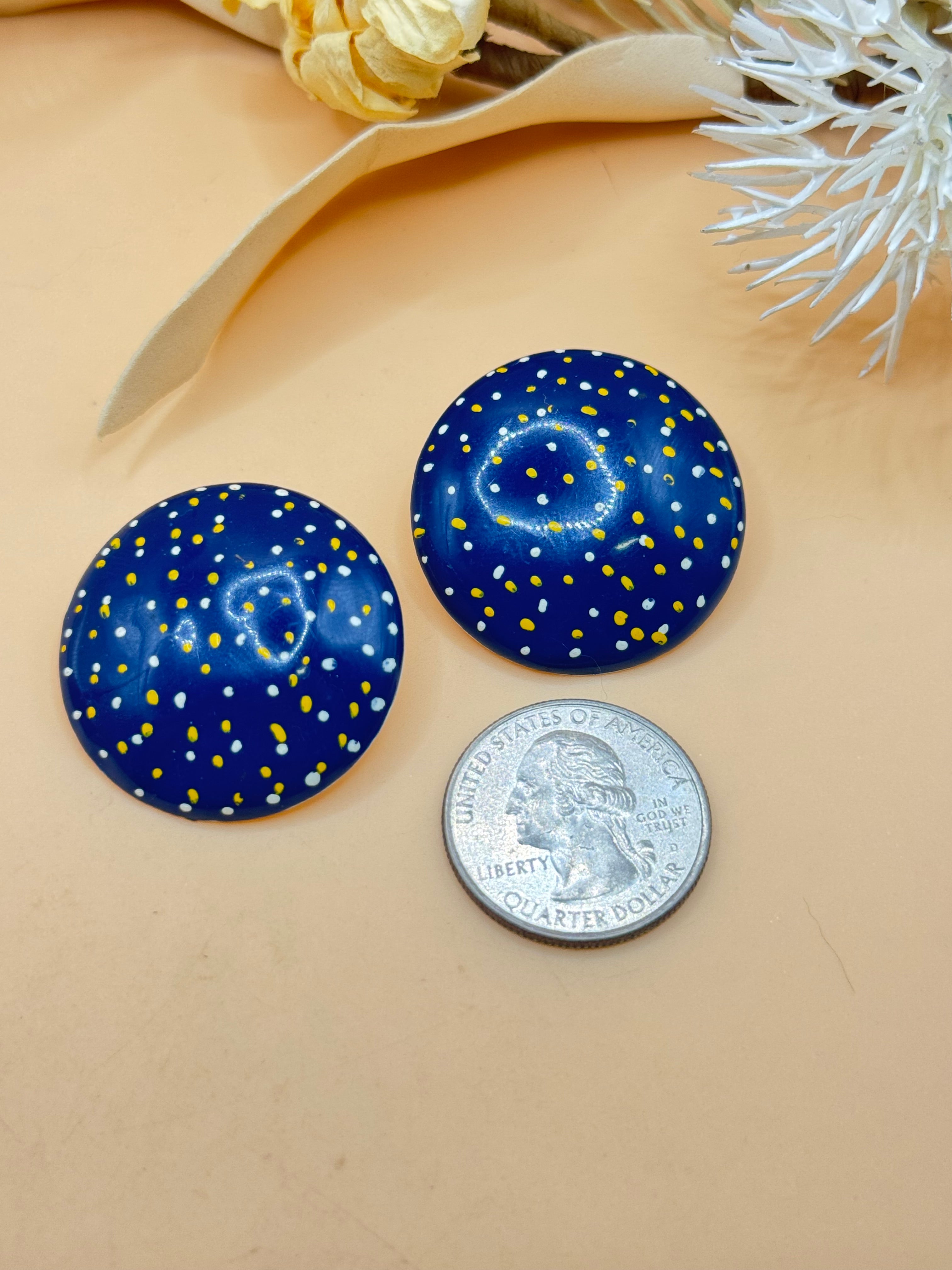 Vintage Blue Polka Dot Round Statement Pierced Earrings