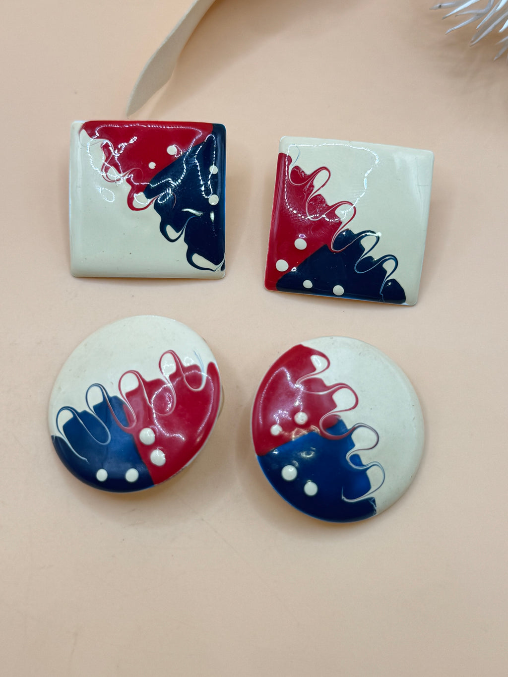 Vintage Red White Blue Abstract Enamel Statement Earrings 2 Pair Lot