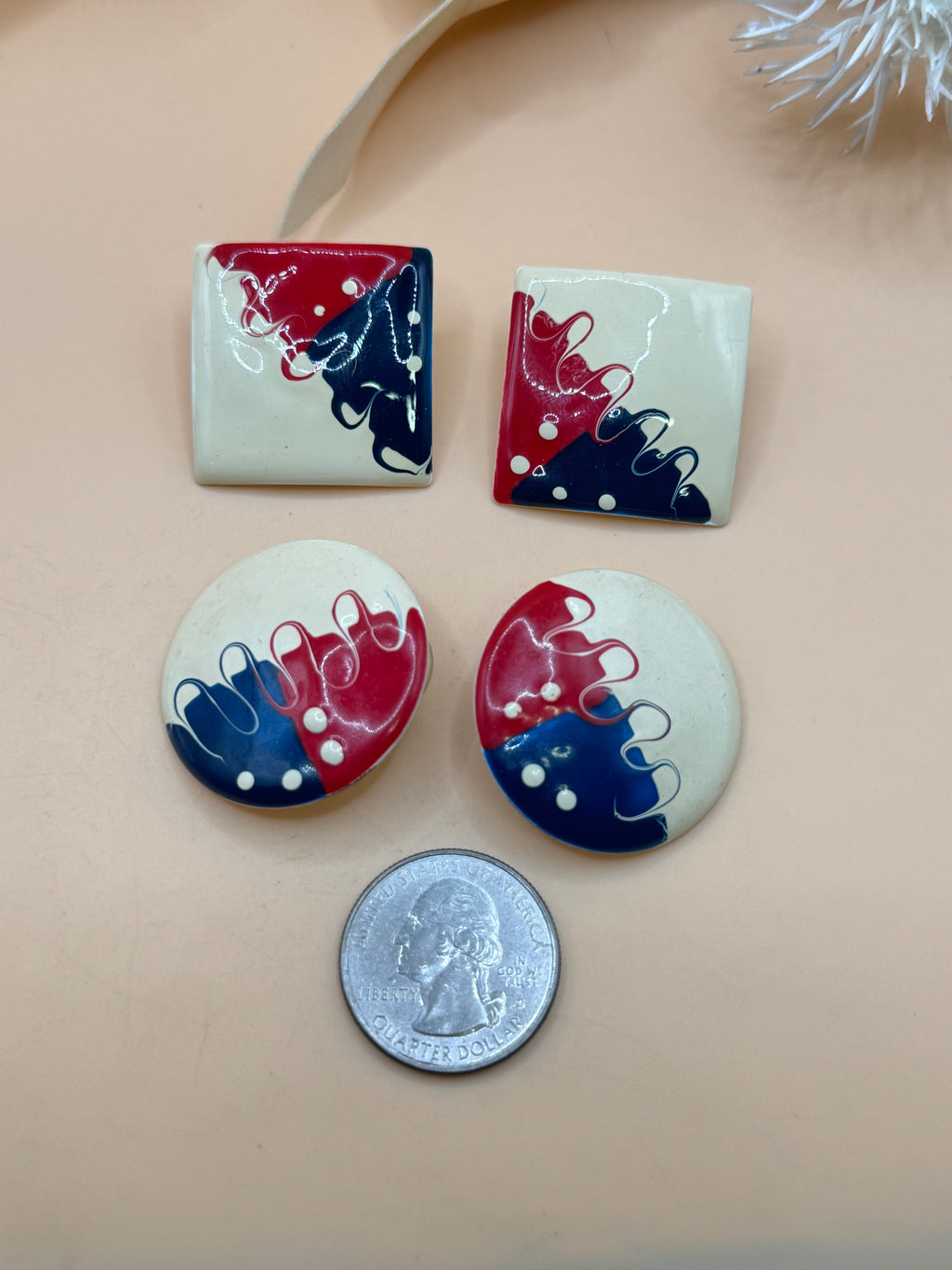 Vintage Red White Blue Abstract Enamel Statement Earrings 2 Pair Lot