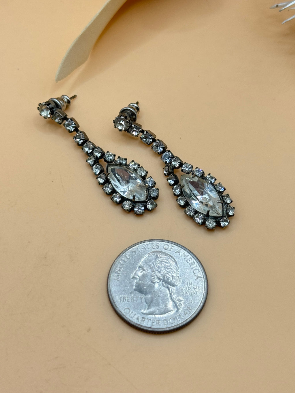 Vintage Clear Rhinestone Silver Tone Dangle Drop Pierced Earrings