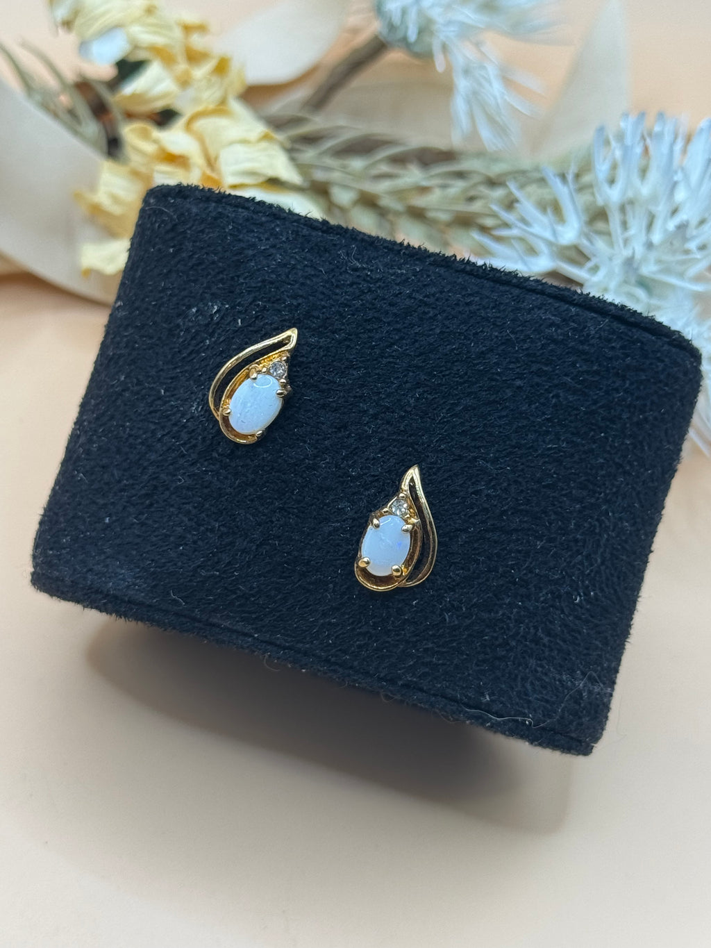 Gold Tone Opalescent Teardrop Rhinestone Pierced Stud Earrings