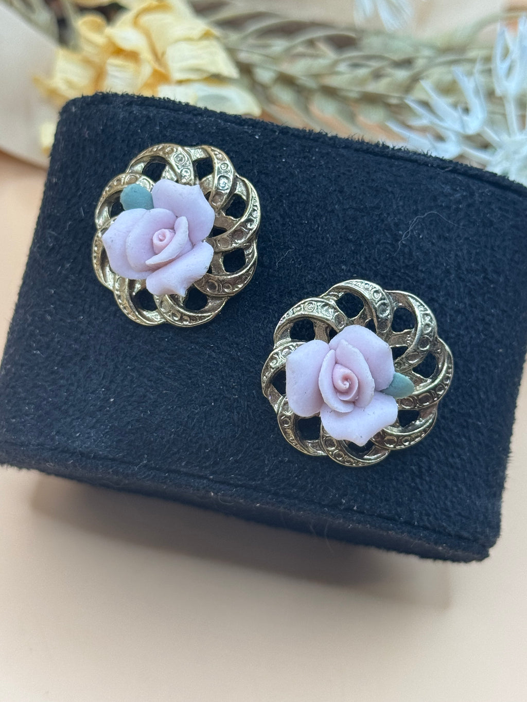 1928 Gold Tone Pink Porcelain Rose Floral Filigree Stud Earrings