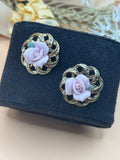 1928 Gold Tone Pink Porcelain Rose Floral Filigree Stud Earrings