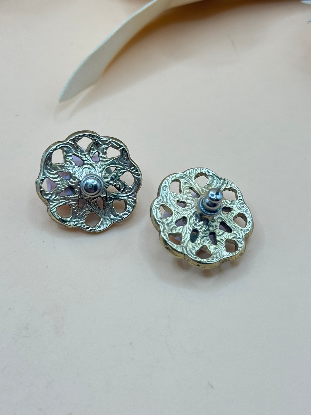 1928 Gold Tone Pink Porcelain Rose Floral Filigree Stud Earrings
