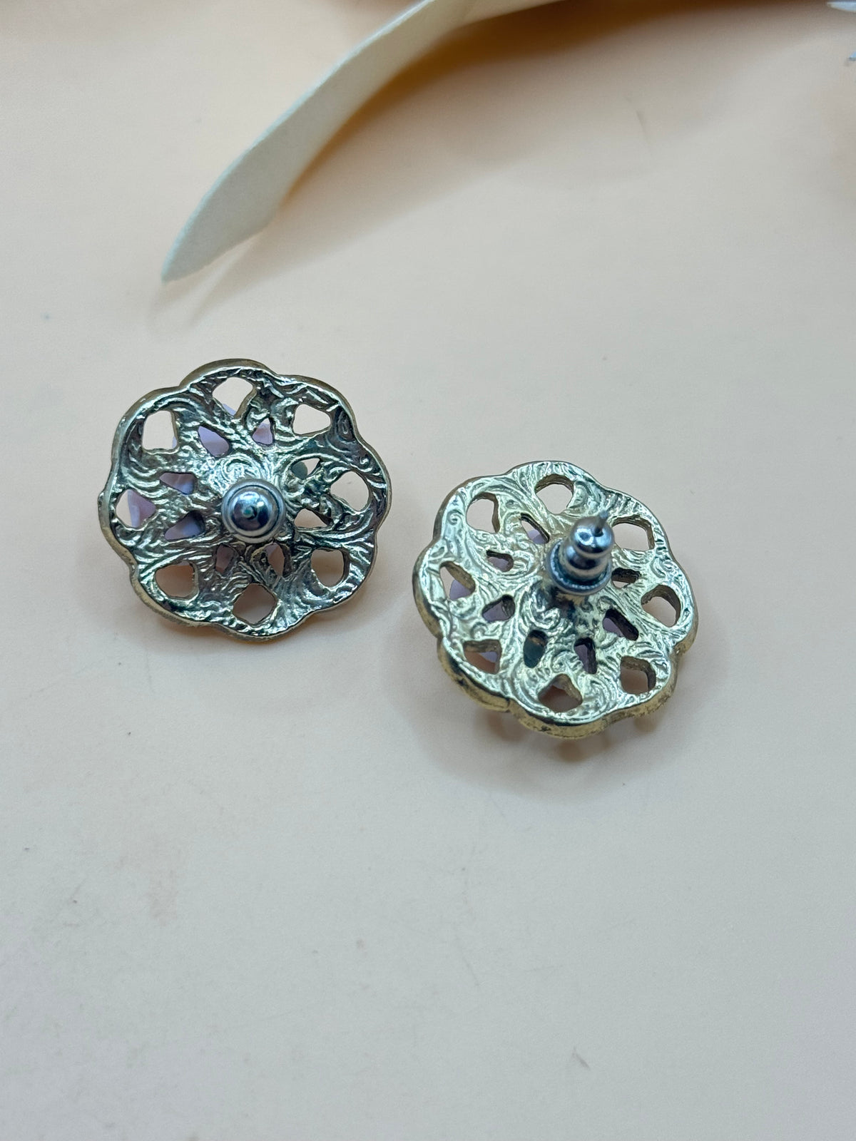 1928 Gold Tone Pink Porcelain Rose Floral Filigree Stud Earrings