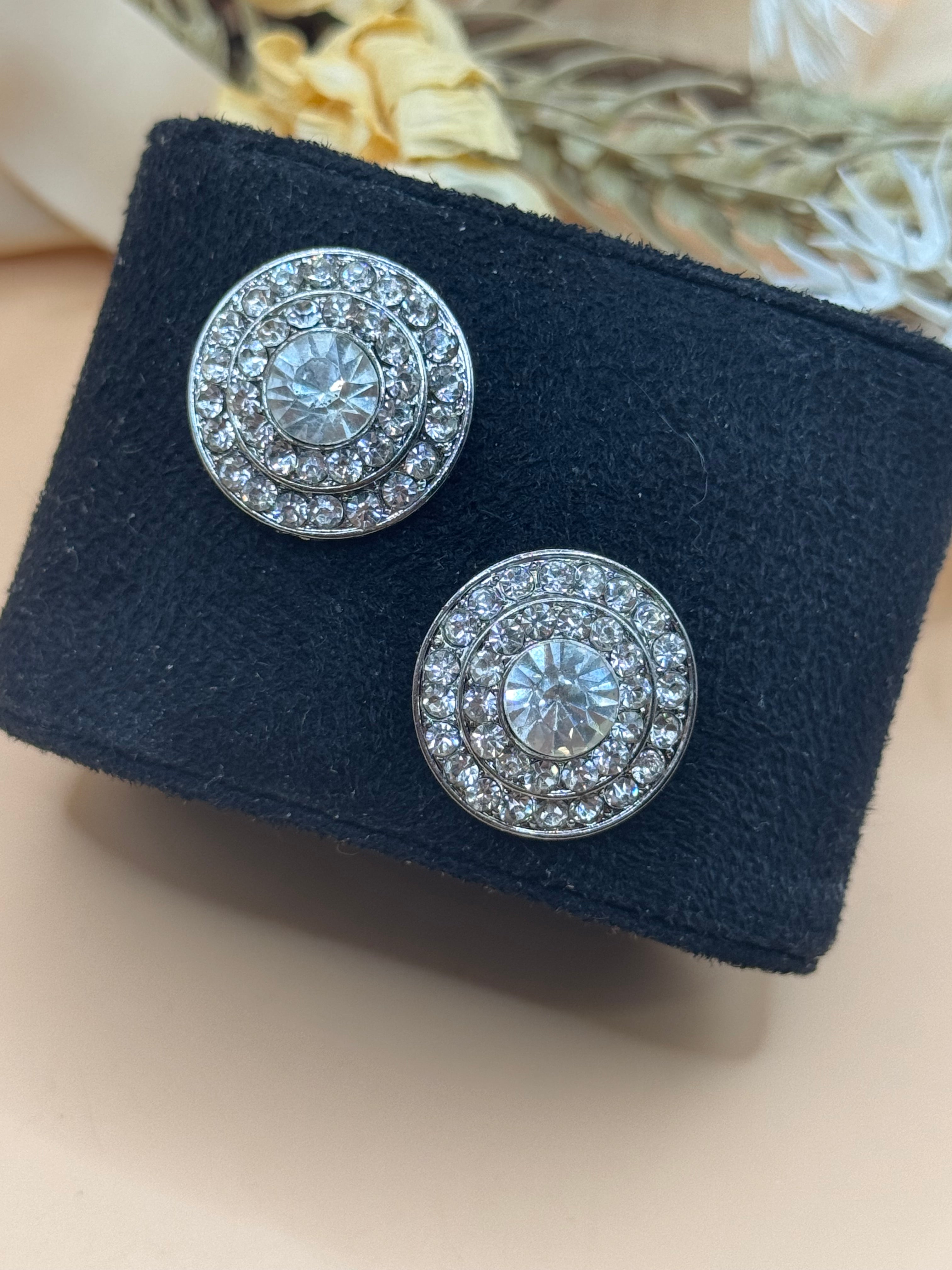 Silver Tone Clear Rhinestone Round Statement Stud Earrings